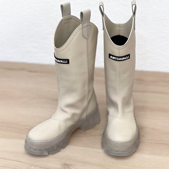 Just Cavalli Ivory Rain Boots Lug Sole Front Logo US 6 / UK 36 Modern Minimalist - Picture 1 of 16